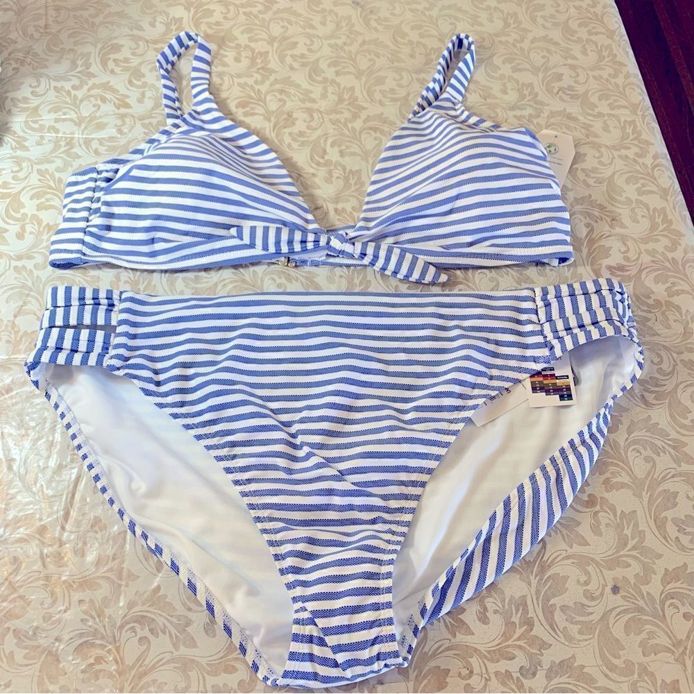 NWT Time and Tru Swimsuit Bikini Blue/White Striped Padded Sz 3X 24W-26W